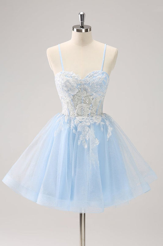New Fashion Light Blue Flower Embroidery Design A-line Spaghetti Strap Homecoming Dress TP3416