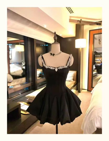 Vintage Black Beaded Spaghetti Straps A-Line Homecoming Dress TP6138