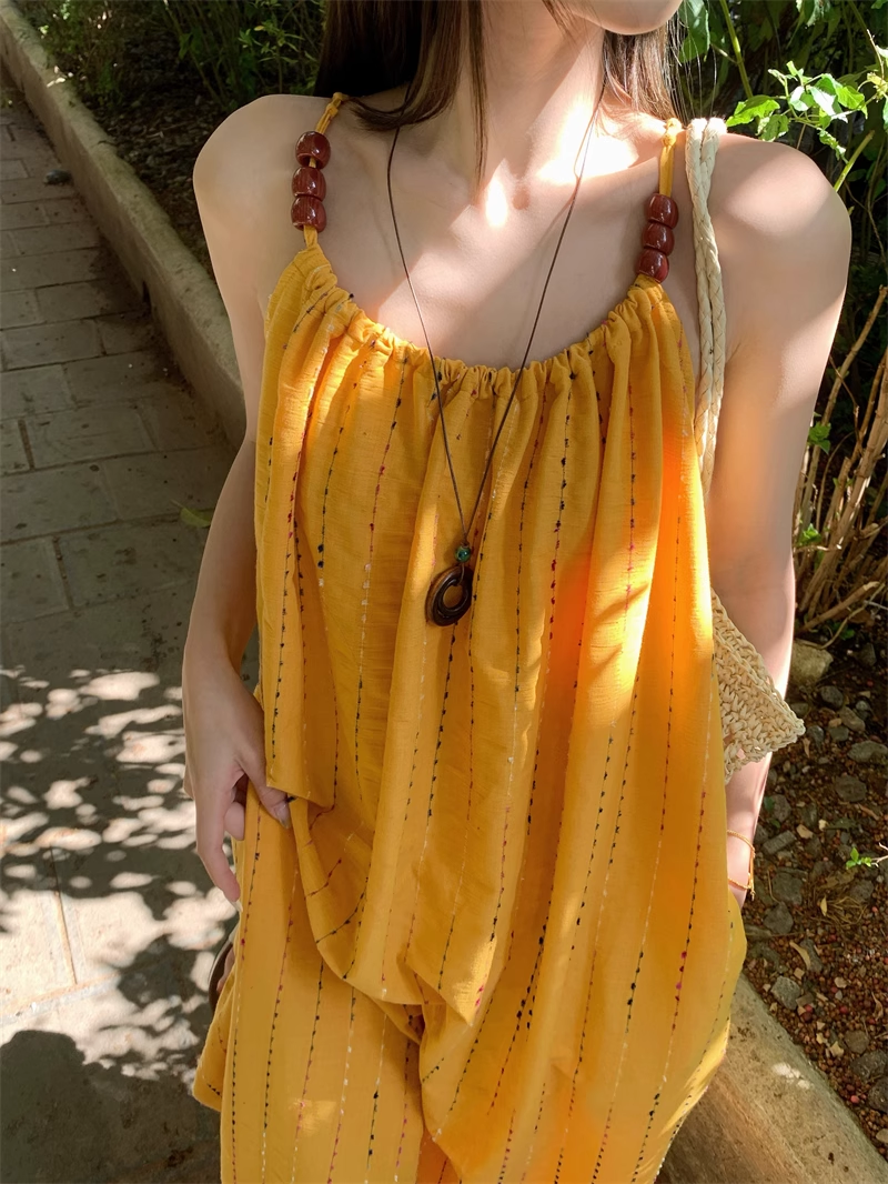 Simple Fashion Yellow Loose-fitting Design Beach Holiday A-line Long Spaghetti Strap Dress TP3336
