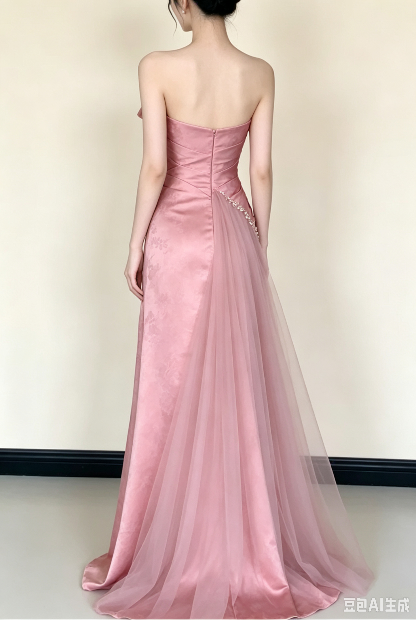 Elegant Pink Satin Strapless Mermaid Tulle Evening Dress TP6089