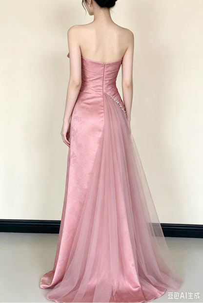 Elegant Pink Satin Strapless Mermaid Tulle Evening Dress TP6089