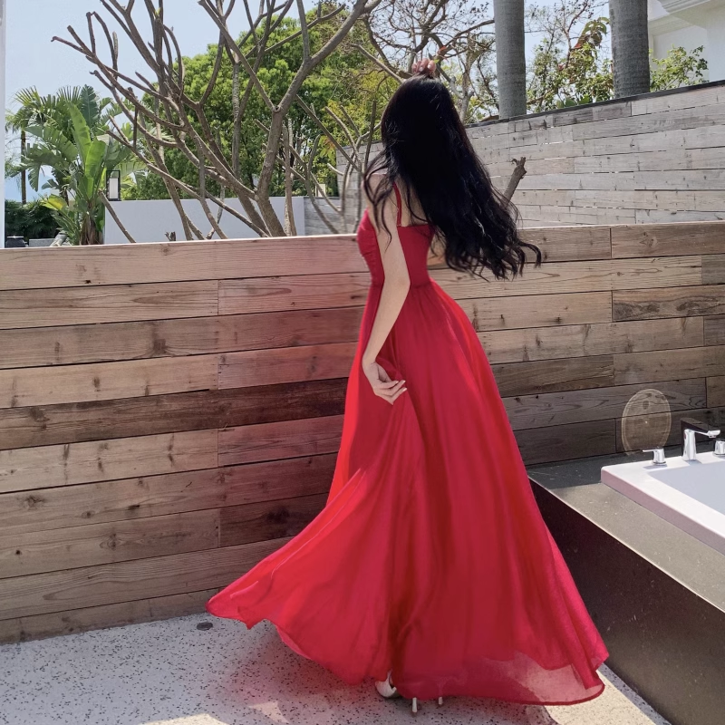 New Elegant Stylish Rose Red High-waisted Spaghetti Strap Dress TP2990