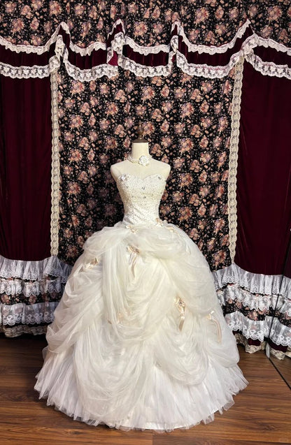 Elegant Sweetheart Beaded Ruffled Wedding Dress A-Line Ruffled Tulle Bridal Gown TP5084