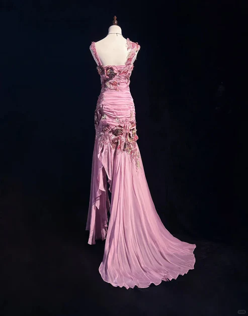 Glamorous Pink Floral Beaded Prom Dress Sheath Slit Evening Gown TP5166