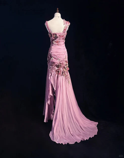 Glamorous Pink Floral Beaded Prom Dress Sheath Slit Evening Gown TP5166