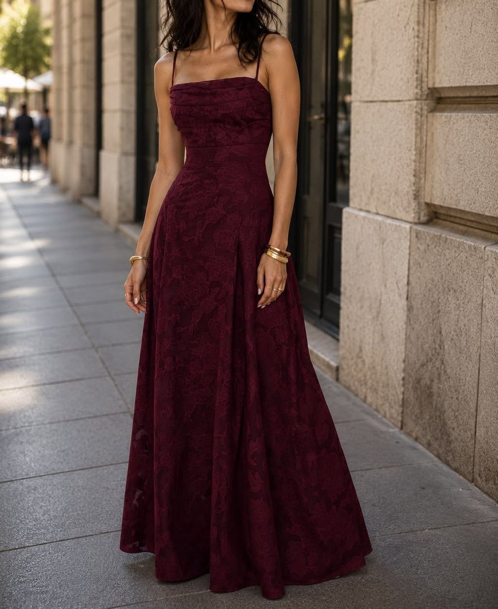 Vintage Burgundy Floral Lace Spaghetti Strap Square Neck A-Line Evening Gown TP5893