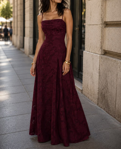 Vintage Burgundy Floral Lace Spaghetti Strap Square Neck A-Line Evening Gown TP5893