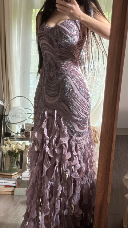 Vintage Purple Sparkling Strapless Design Elegant Chiffon Evening Dress Prom Dresses TP3988