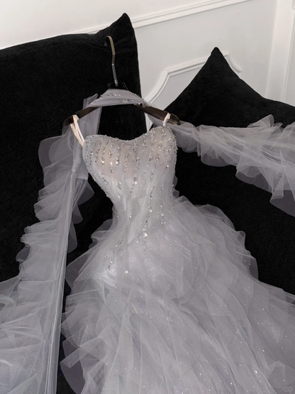 Fashion Sparkling White Beaded Sequin Mermaid Elegant Tulle Evening Dress Prom Dresses TP4158