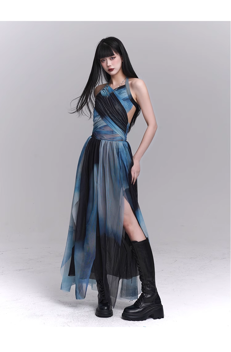 New Fashion Party Blue Chiffon Halter Dress TP2957