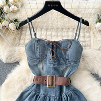 Fashion Women Sleeveless With Belted Waist Denim Corset Dress TP2822