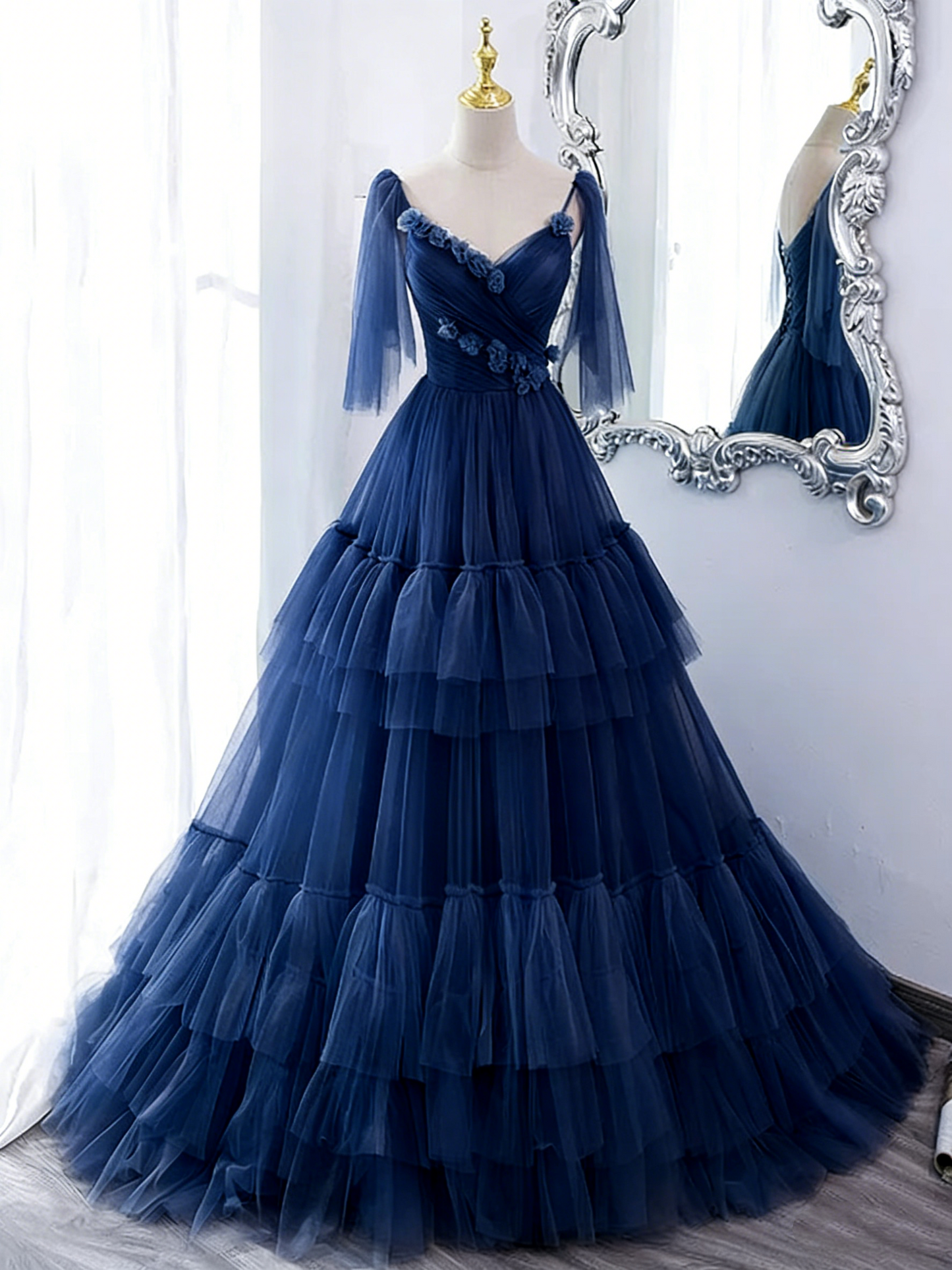 Glamorous Light Blue Tiered Tulle Spaghetti Straps 3D Rose Sweet 15 Quinceanera Ball Gown TP5484