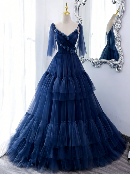 Glamorous Light Blue Tiered Tulle Spaghetti Straps 3D Rose Sweet 15 Quinceanera Ball Gown TP5484