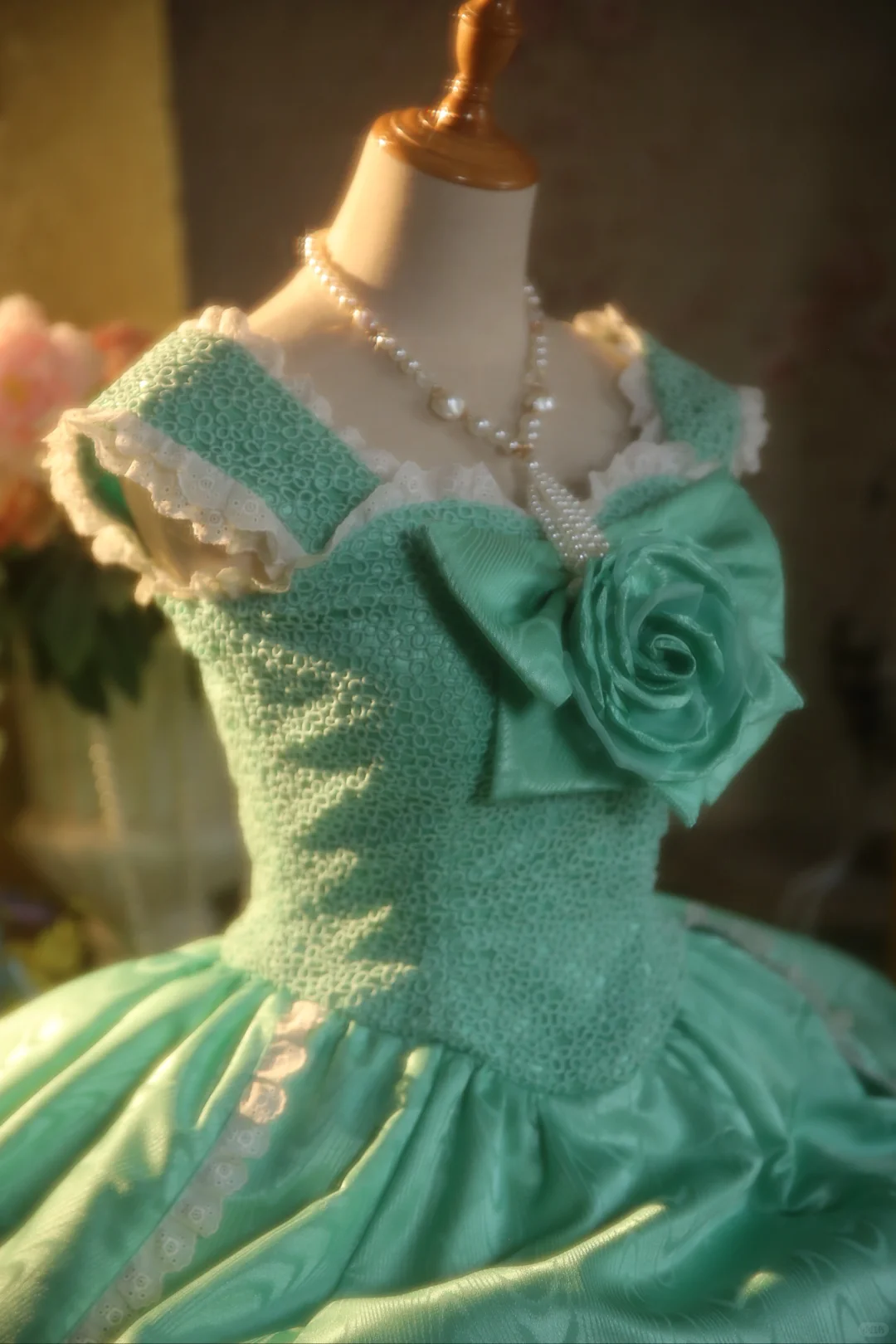 Vintage Turquoise Satin 3D Rose Applique Lace-Trimmed  Sweet 15 Quinceanera Ball Gown TP5513
