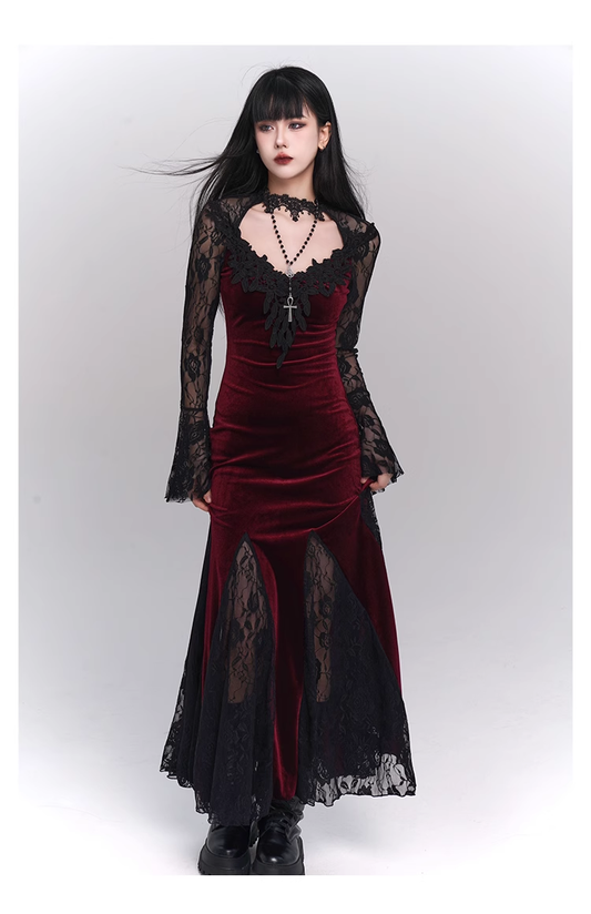 New Ladies Fashion Red Black Gothic Long-sleeved Dress TP2906