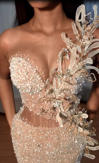 Gorgeous Strapless Prom Dress Glittering Beaded Evening Gown High Slit Party Dress Trailing Long Formal Dress TP4867
