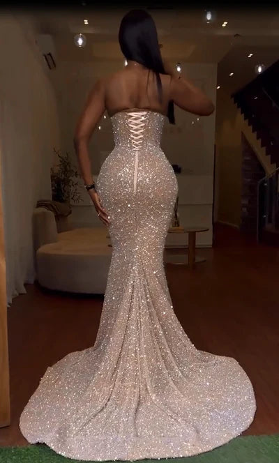 Gorgeous Strapless Prom Dress Glittering Beaded Evening Gown High Slit Party Dress Trailing Long Formal Dress TP4867