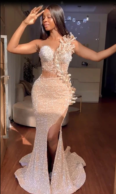 Gorgeous Strapless Prom Dress Glittering Beaded Evening Gown High Slit Party Dress Trailing Long Formal Dress TP4867