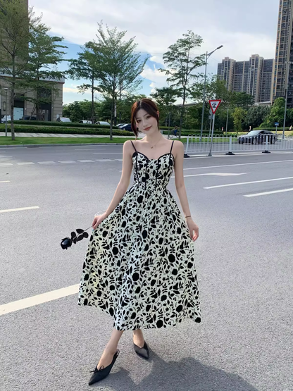 New Fashion Stylish Floral High-waisted Spaghetti Strap Dress TP2989