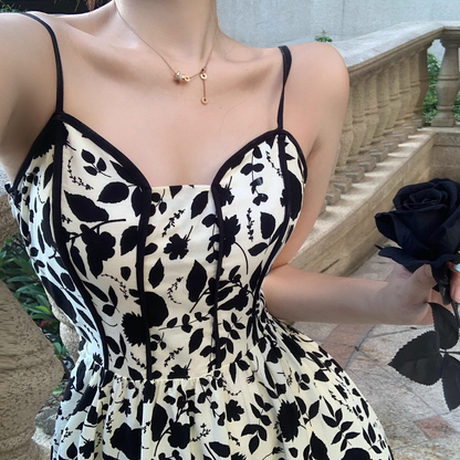New Fashion Stylish Floral High-waisted Spaghetti Strap Dress TP2989