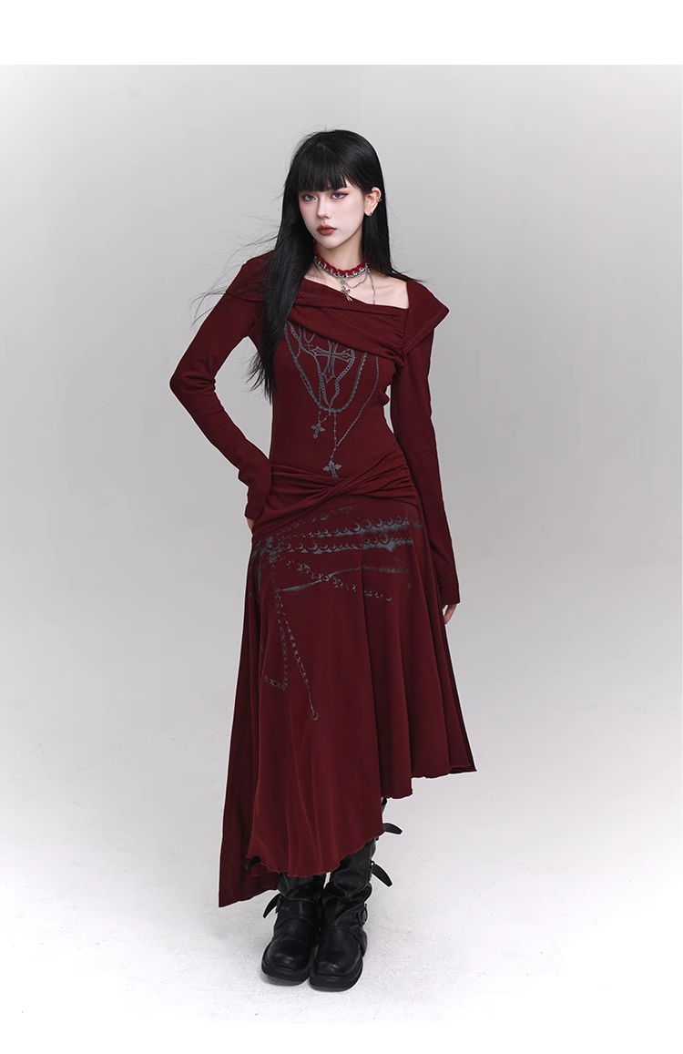 New Fashion Irregular Hemline Design Red Long-sleeved Dress TP2941
