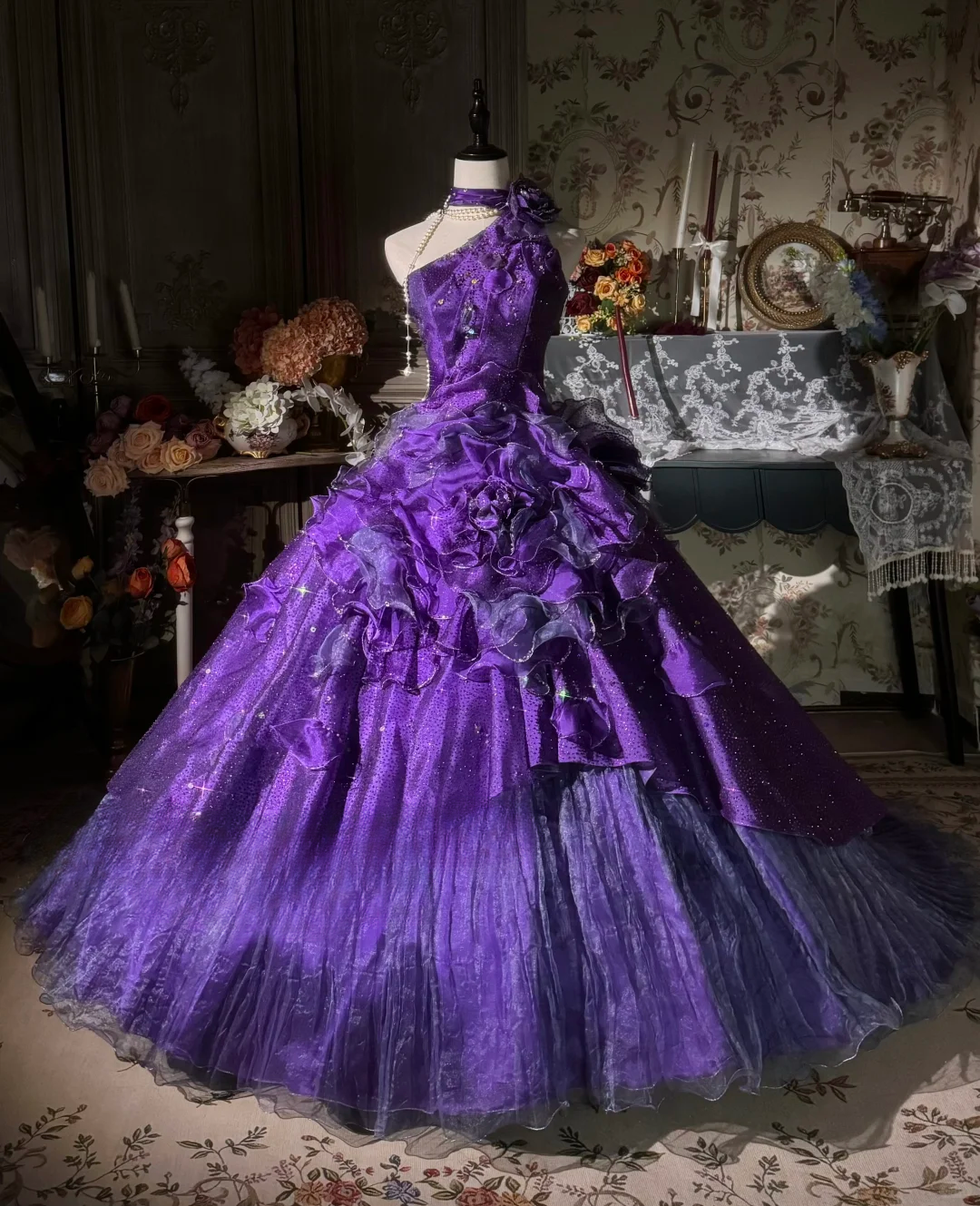 Vintage Purple One-Shoulder Ruffled Ball Gown Glitter Tulle Floral Embellished Formal Dress TP5130