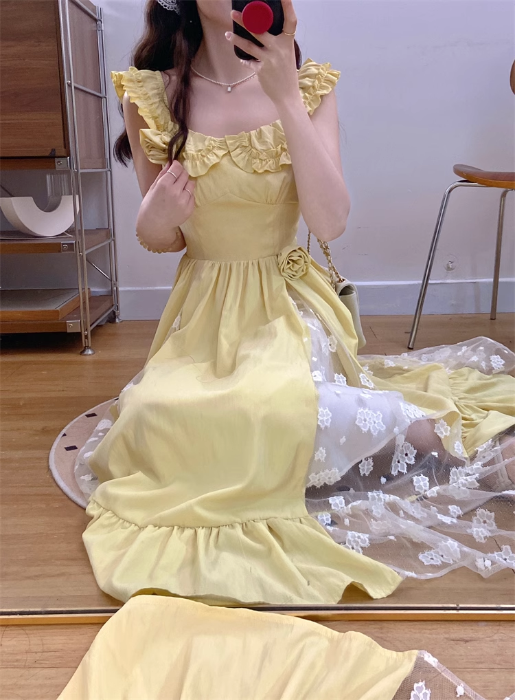 New Simple Fashion Yellow Floral Design A-Line Long Dress TP3043