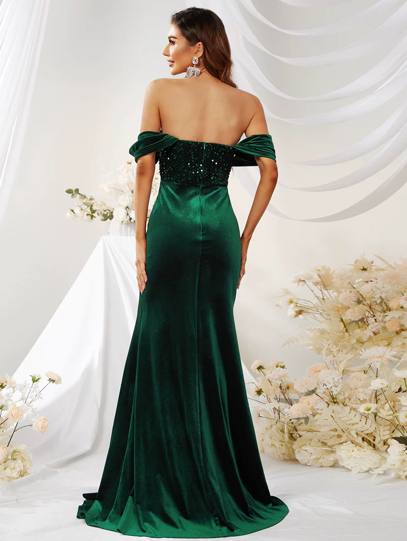 Vintage Emerald Green Off-Shoulder Velvet Sequin Bodice Prom Dress TP5778