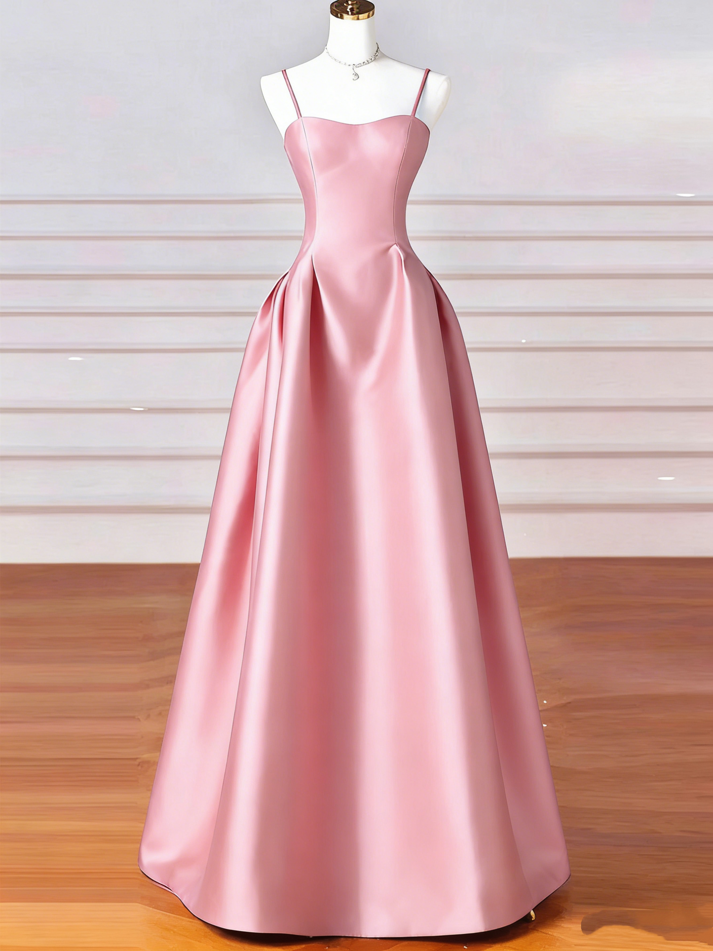 Retro A-Line Satin Spaghetti Straps Long Formal Dress Prom Dress Evening Dress TP1030