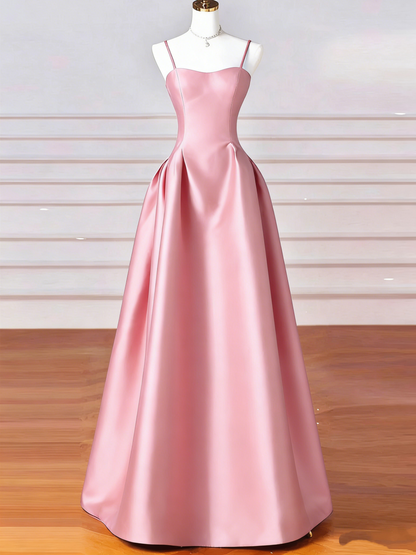 Retro A-Line Satin Spaghetti Straps Long Formal Dress Prom Dress Evening Dress TP1030