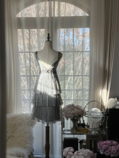 Retro Silvery V-neck Gorgeous Sparkling Chiffon Tiered Evening Dress Prom Dress TP3972