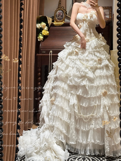 Romantic Vintage Strapless Ruffled Lace 3D Florals Pearl Details Tiered Wedding Dress TP5322