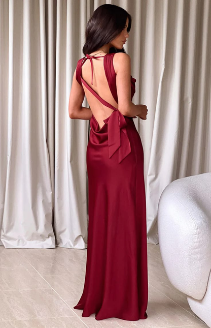 Gorgeous Burgundy Satin Square Neck Cowl Neck Straps Evening Dress TP5812