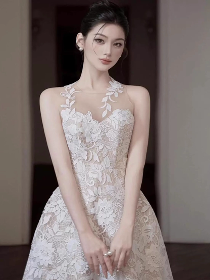 Vintage White Lace Applique Prom Dress Sheath Evening Dress Long Formal Dress TP4631