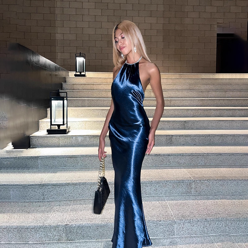 Elegant Shiny Satin Prom Dress Halter-neck Evening Gown Sheath Party Dress Long Formal Dress TP4843