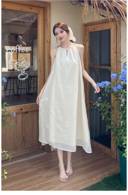 Simple Fashion White Sleeveless Design Beach Holiday A-line with Belt Jacquard Halter Dress TP3379