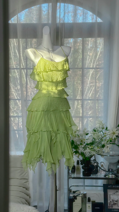 Cute Lime Green Spaghetti Strap Tiered Ruffle Homecoming Dress Beaded Chiffon Cocktail Dress TP5738