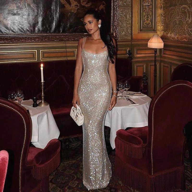 Enchanting Silvery Glittering Sequin Mermaid Long Prom Dress Evening Dress TP4346