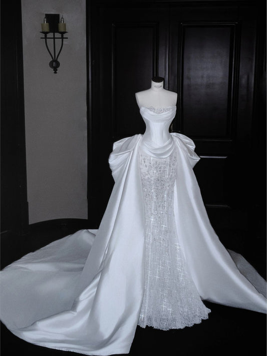 Glamorous Strapless Satin Beaded Mermaid Oversized Draped Train Wedding Dress TP5419