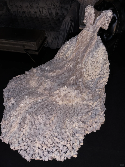 Vintage 3D Floral Lace Applique Sparkle Embroidered Tulle Evening Gown TP5395