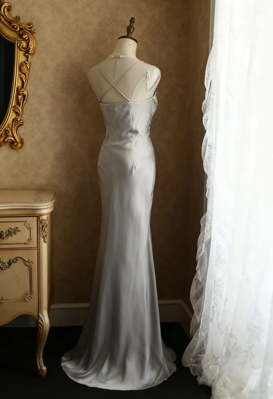 Elegant Spaghetti Strap Grey Mermaid Evening Gown Beaded Ruched Prom Dress TP5640