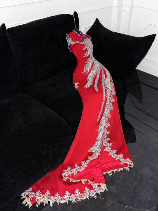 Gorgeous Shiny Red Beaded Sequined Embroidery Design Mermaid Prom Dress Evening Dress TP4215
