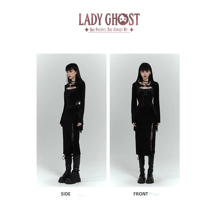 Chic Retro Goth Black Velvet Shawl Spaghetti Strap Dress TP2913