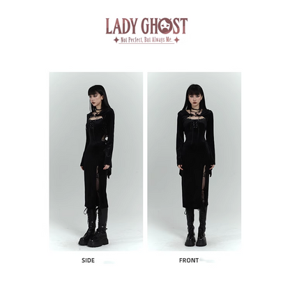 Chic Retro Goth Black Velvet Shawl Spaghetti Strap Dress TP2913