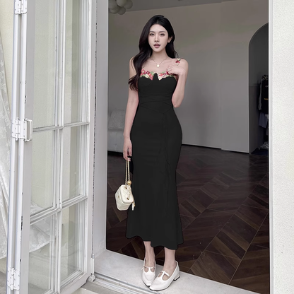 Vintage Applique Floral Spaghetti Strap Mermaid Long Summer Dress Prom Dress Evening Dress TP4353