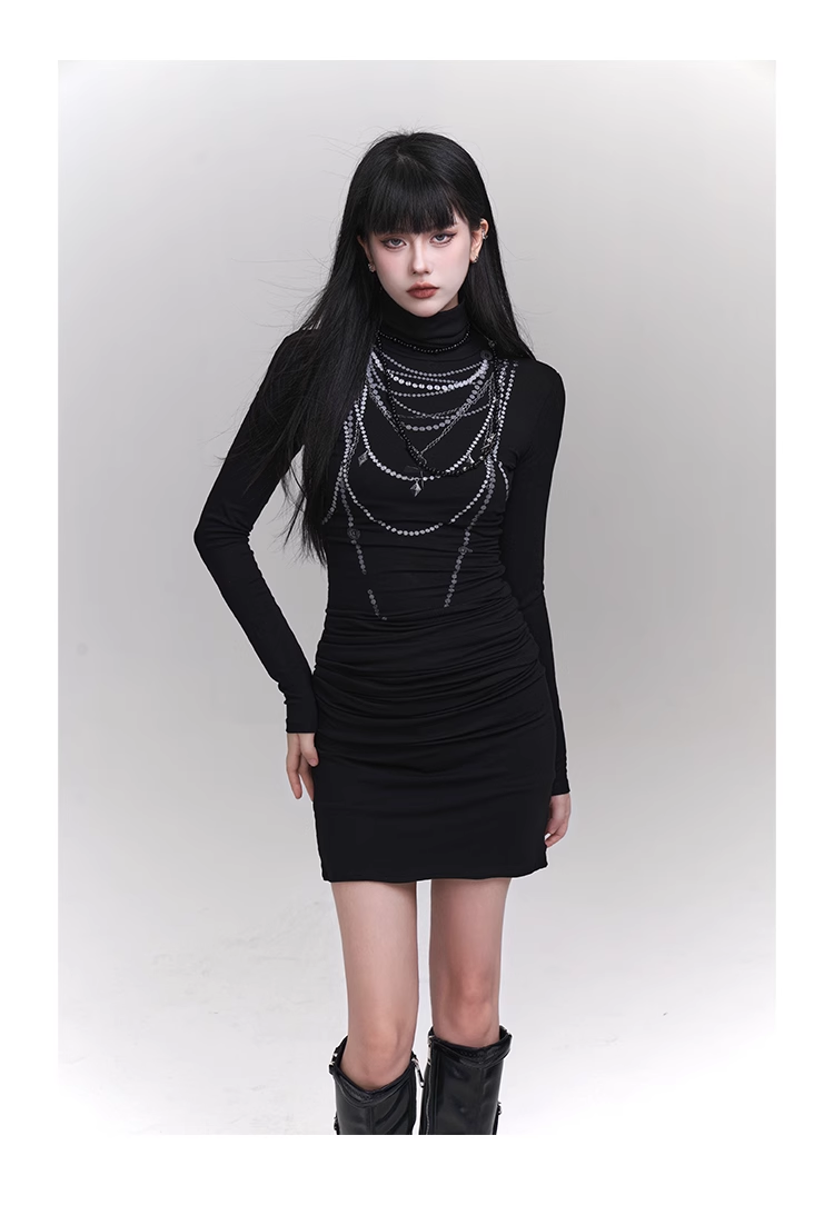 New fashion Dress Chain Design Black Turtleneck Knitted Base Long-sleeved Dress TP2940