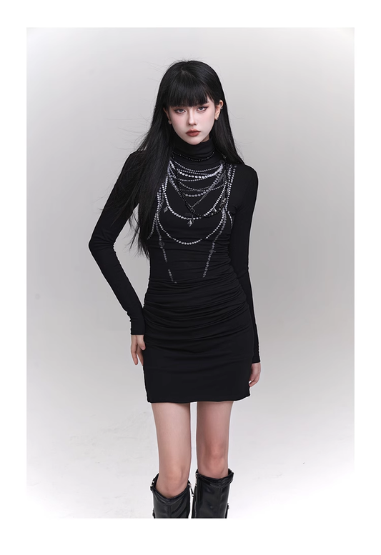 New fashion Dress Chain Design Black Turtleneck Knitted Base Long-sleeved Dress TP2940