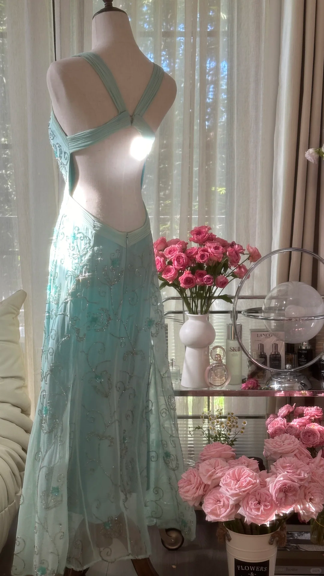 Retro Sparkling Light Blue Sweetheart Design A-line Romantic Chiffon Evening Dress Prom Dress TP4000