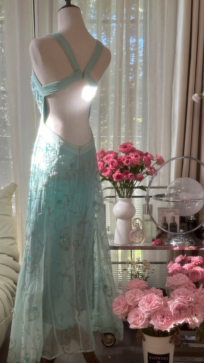 Retro Sparkling Light Blue Sweetheart Design A-line Romantic Chiffon Evening Dress Prom Dress TP4000