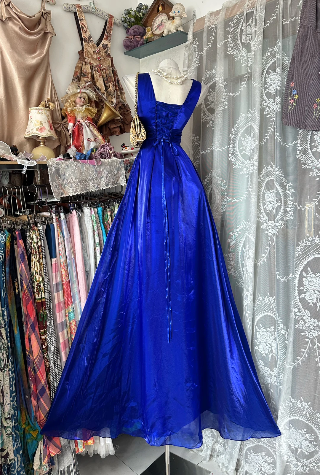 Vintage Royal Blue Shimmer Pleated Satin Sleeveless A-Line Evening Gown TP5858